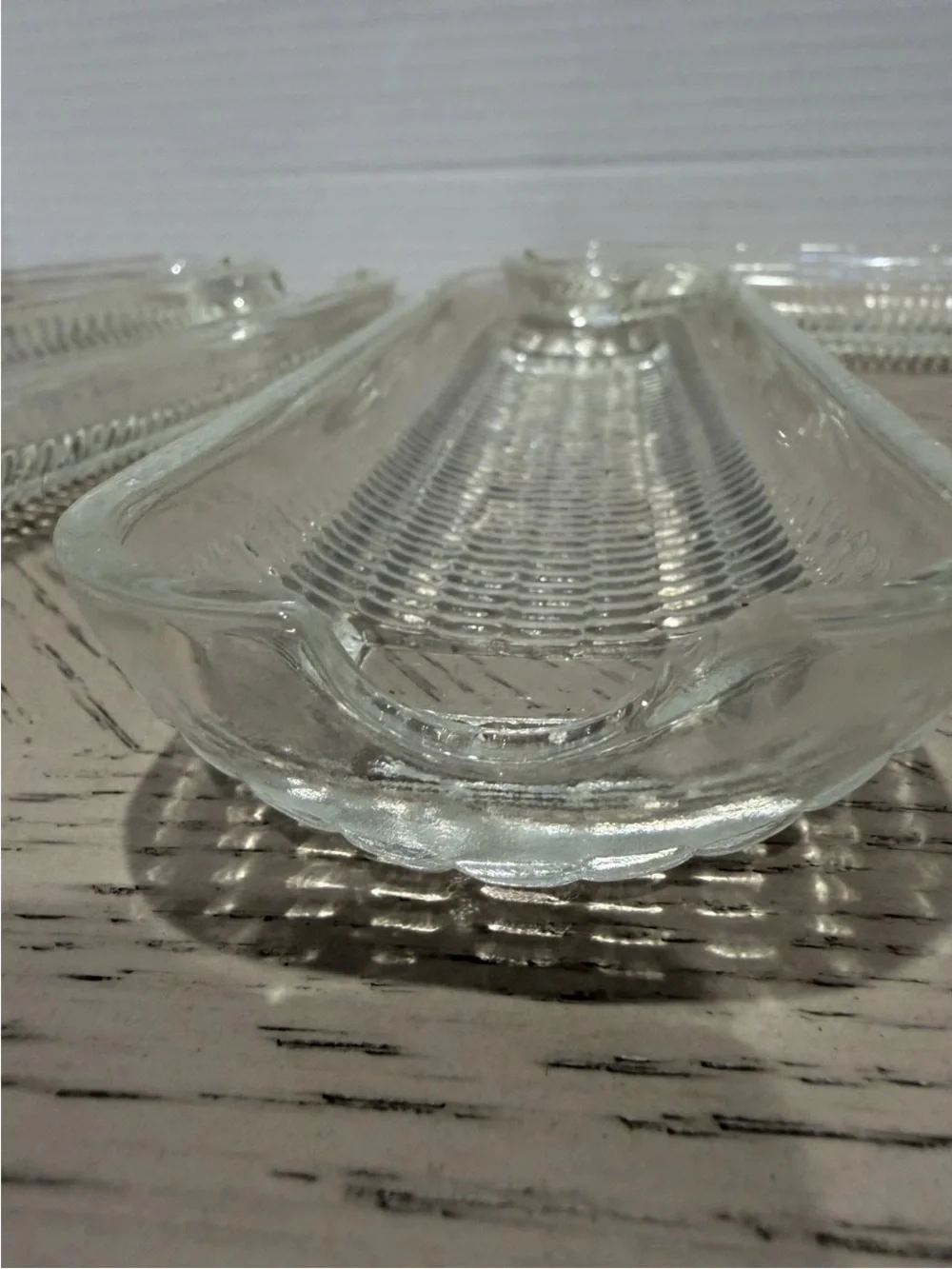 4 Vintage Clear Embossed Glass CORN ON THE COB Butter Dish Holder Footed